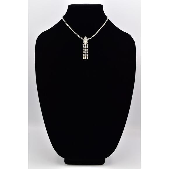 Vintage ASTRA Rhinestone Necklace Marquise Center Tassel Drop Silver Tone BinBQ - Picture 13 of 16